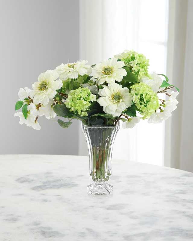 Chilly White Zinnias 21" Faux Floral Arrangement in Glass Vase